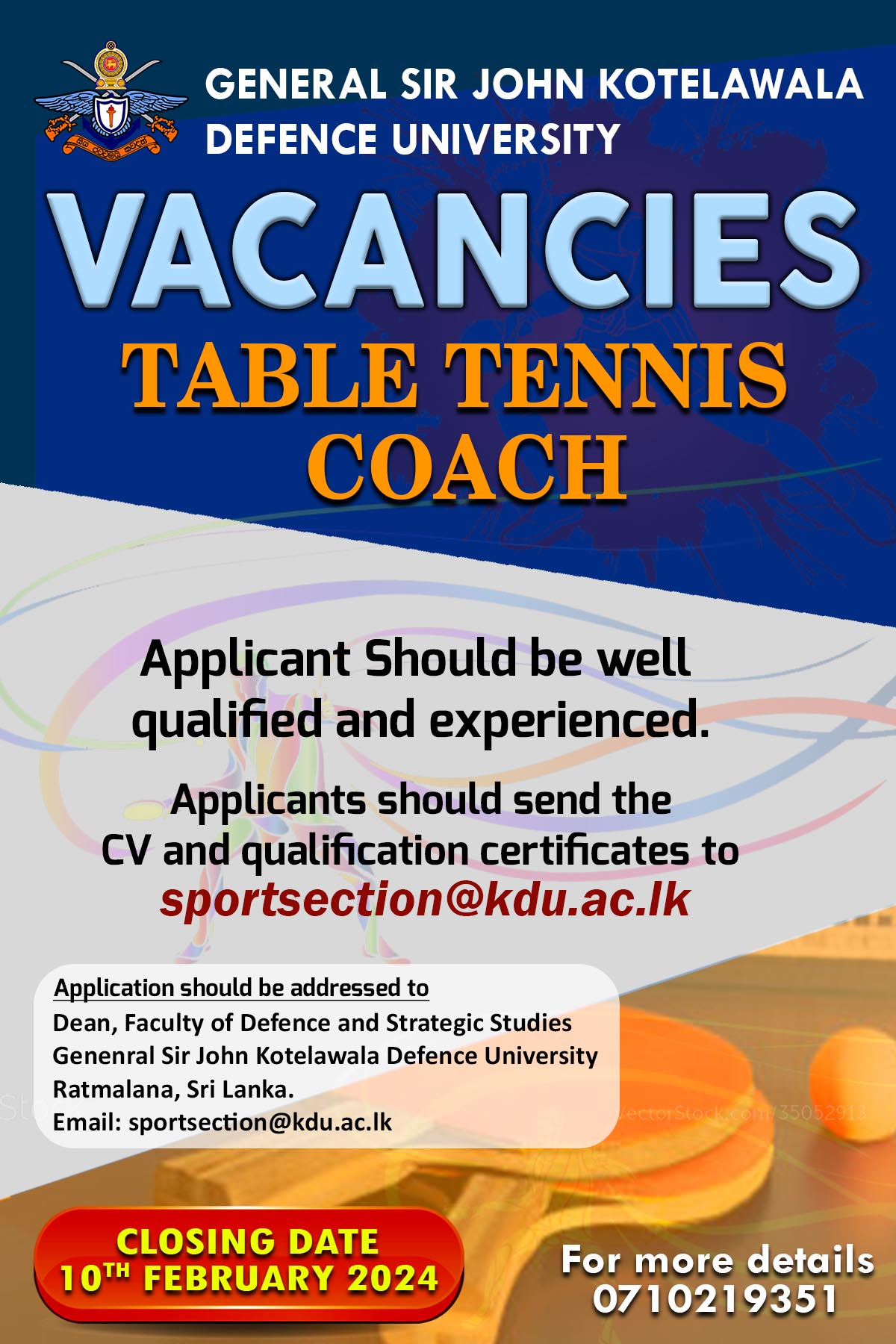 Table Tennis Coach - General Sir John Kotelawala Defence University