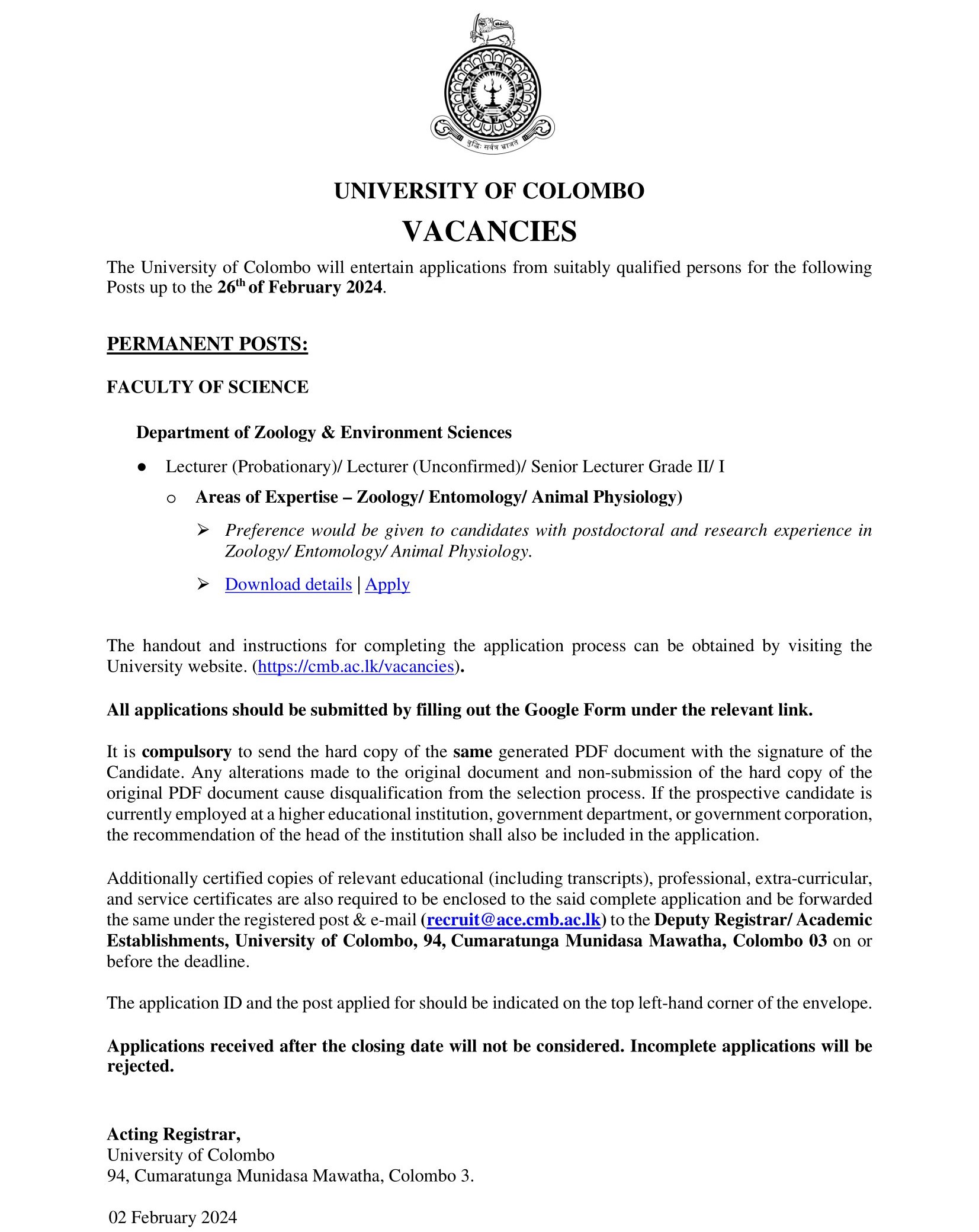 Lecturer, Senior Lecturer - University of Colombo