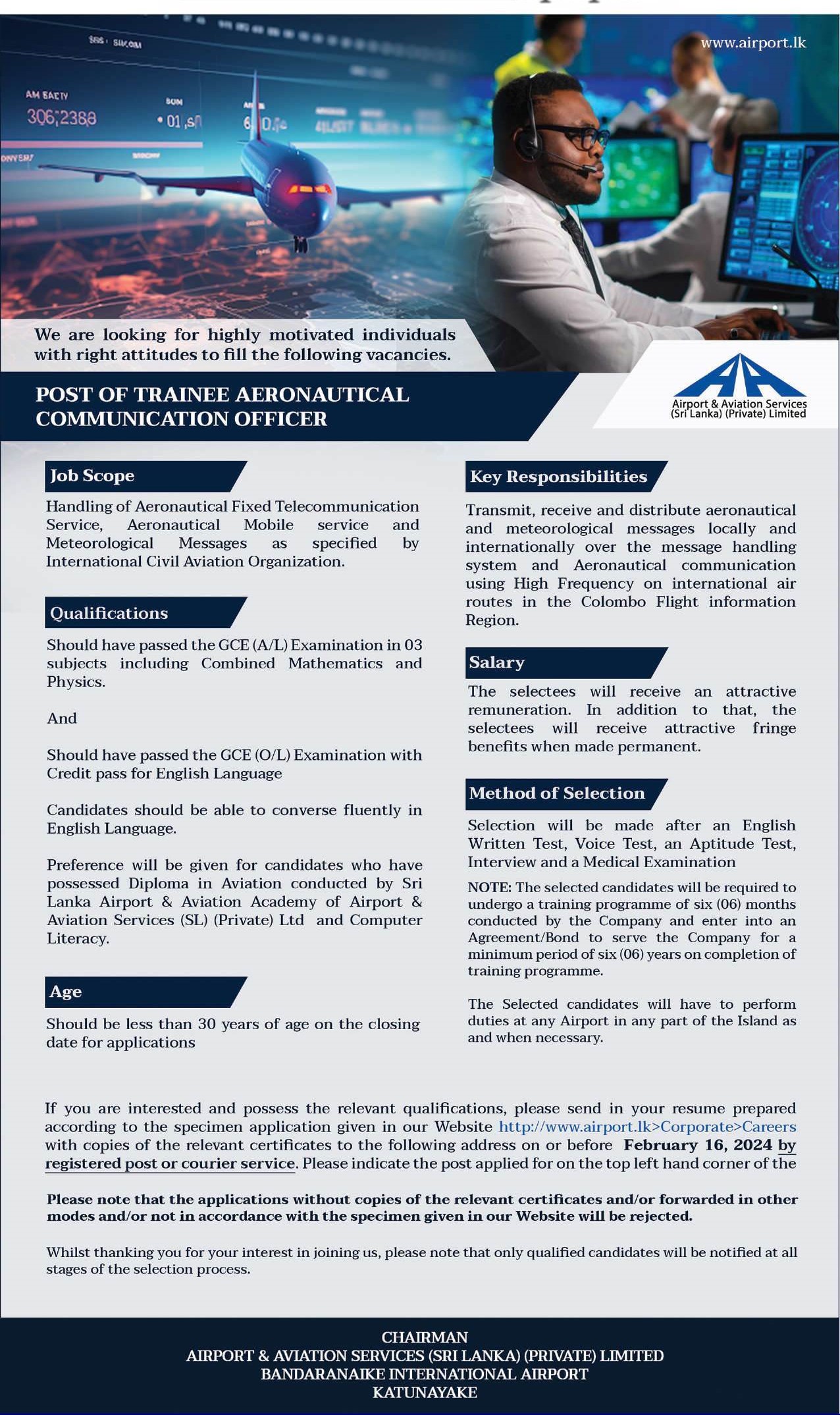 Trainee Aeronautical Communication Officer - Airport & Aviation Services (Sri Lanka) (Private) Limited