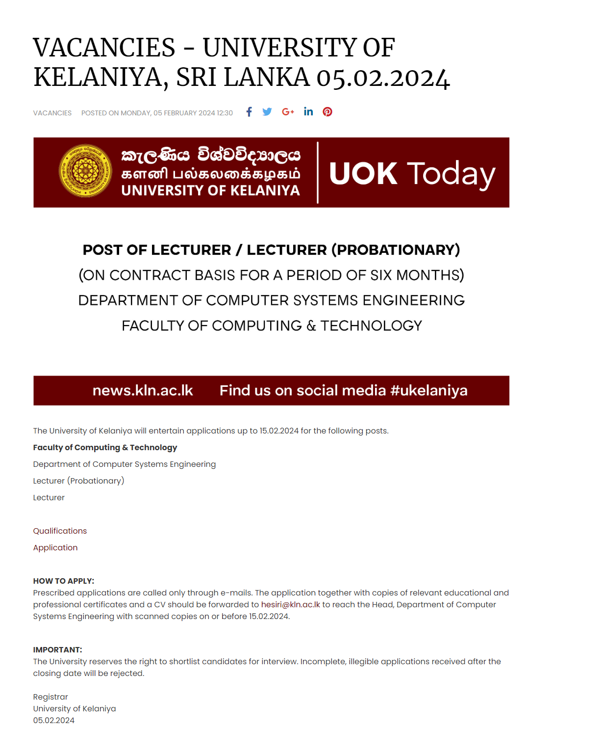 Lecturer - University of Kelaniya