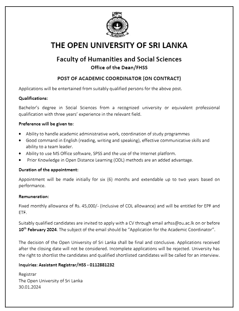 Academic Coordinator - The Open University of Sri Lanka