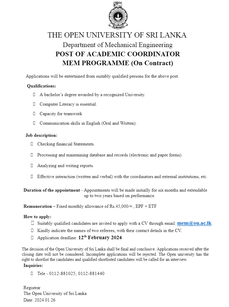 Academic Coordinator - The Open University of Sri Lanka