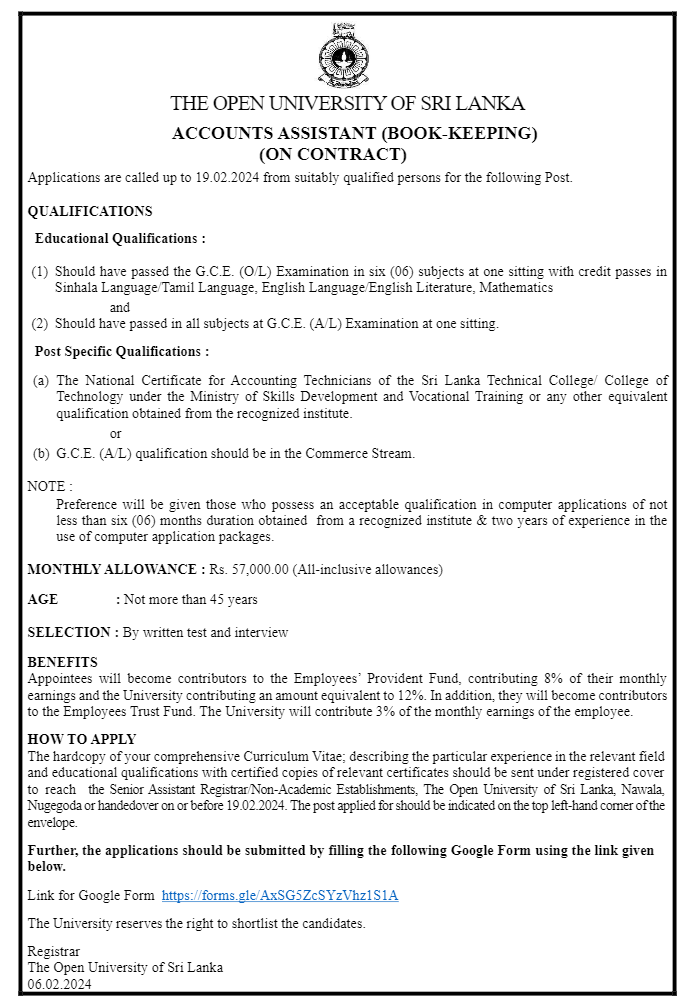 Accounts Assistant, Quantity Surveyor - The Open University of Sri Lanka