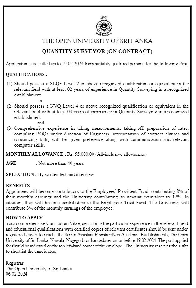 Accounts Assistant, Quantity Surveyor - The Open University of Sri Lanka