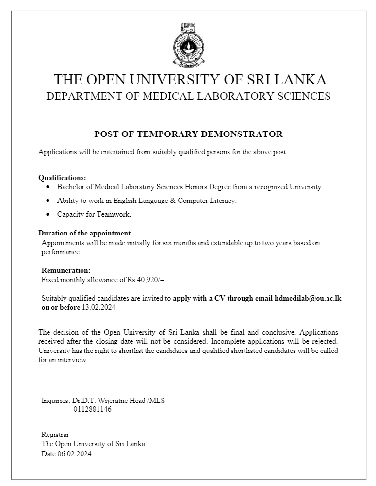 Temporary Demonstrator - The Open University of Sri Lanka