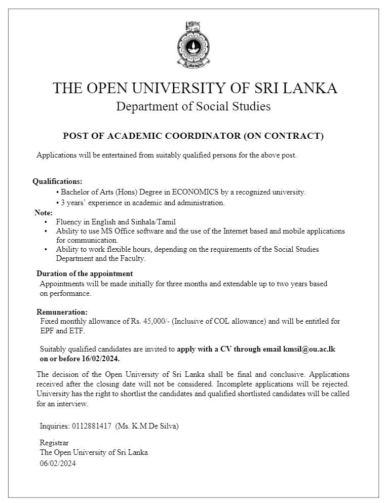 Academic Coordinator - The Open University of Sri Lanka