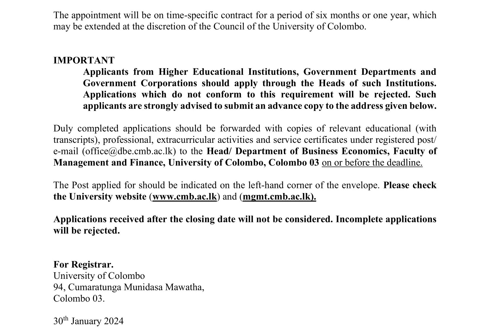 Temporary Assistant Lecturer - Faculty of Management and Finance - University of Colombo