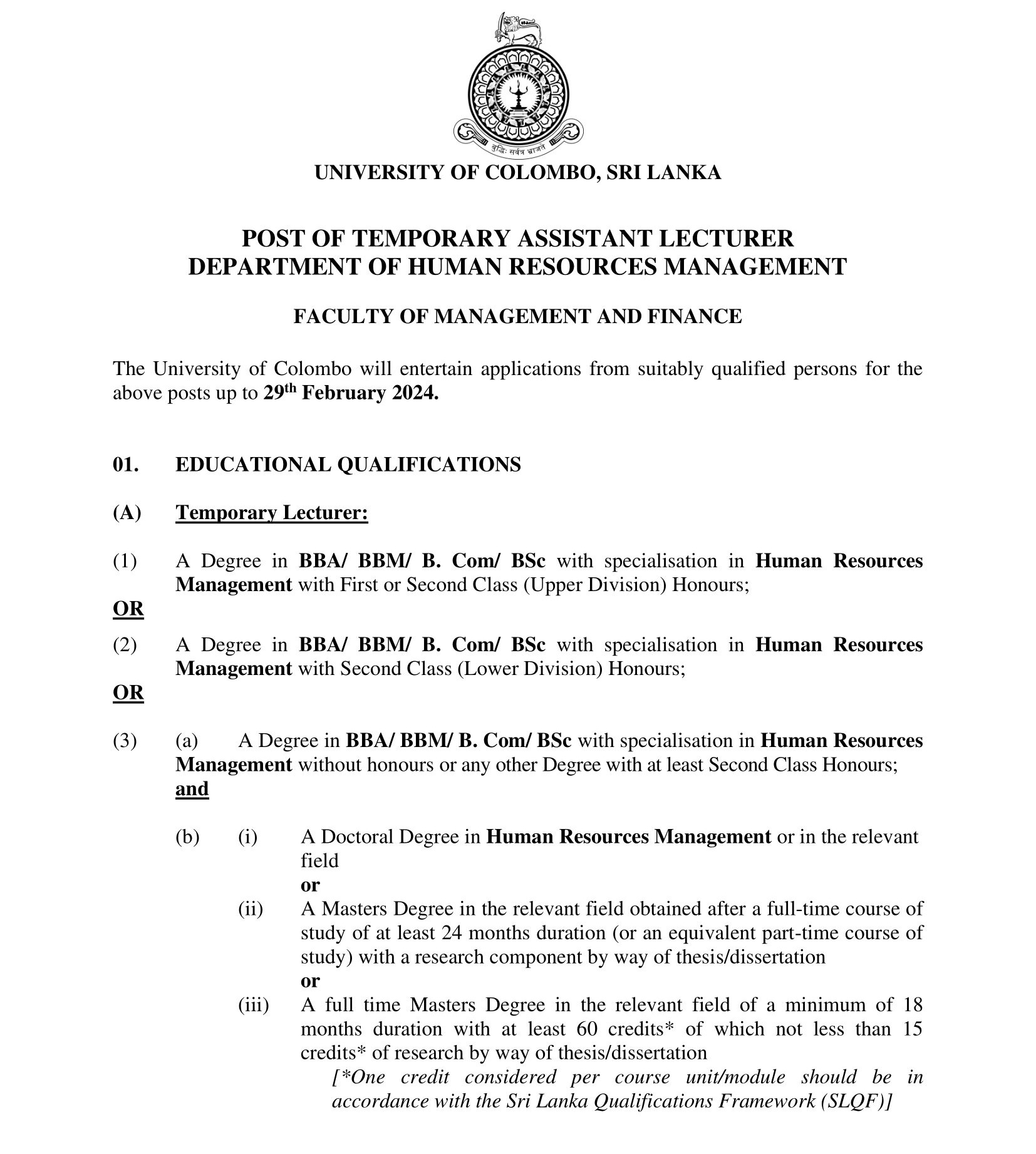 Temporary Assistant Lecturer - Faculty of Management and Finance - University of Colombo