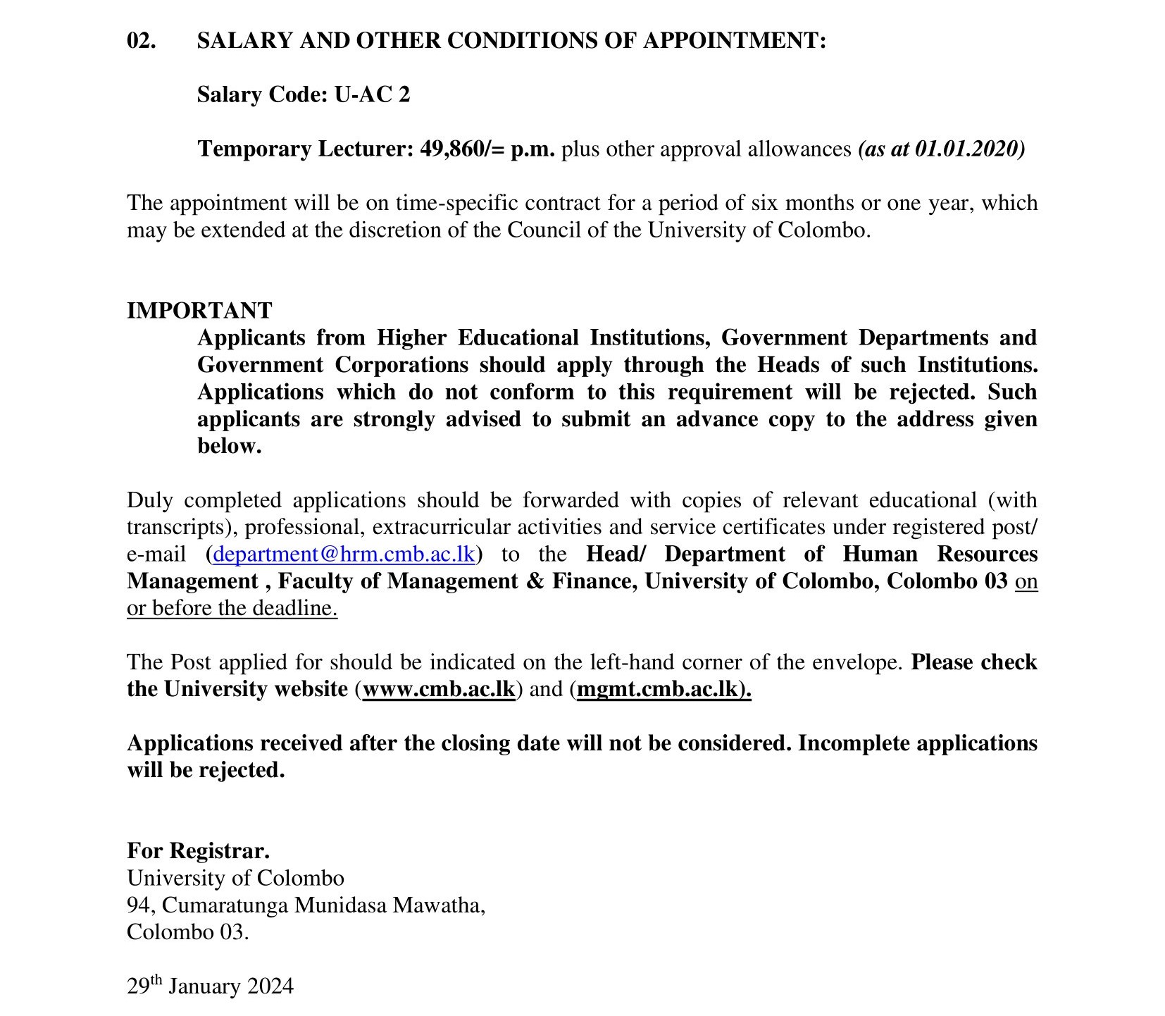 Temporary Assistant Lecturer - Faculty of Management and Finance - University of Colombo