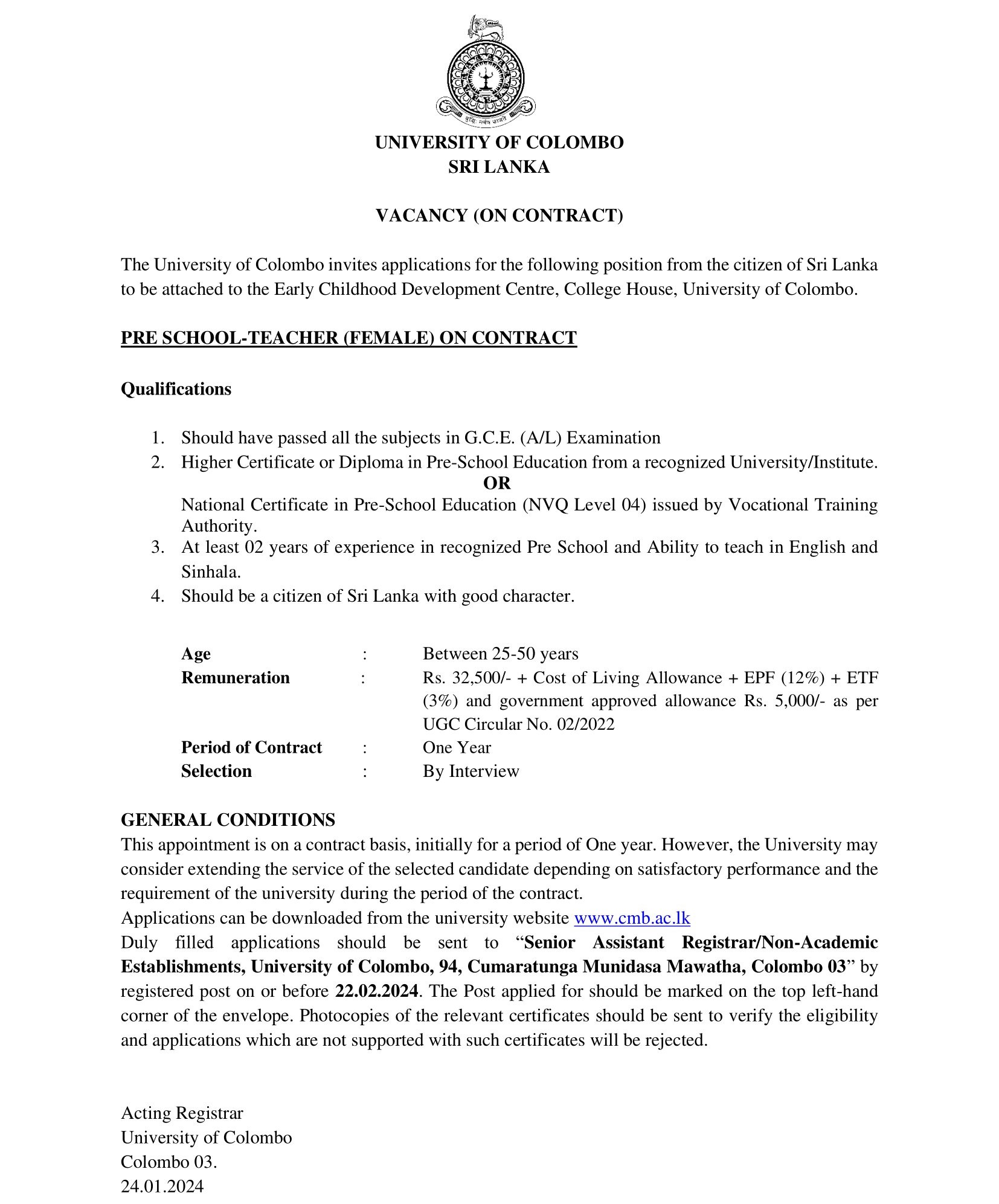 Pre School-Teacher - University of Colombo