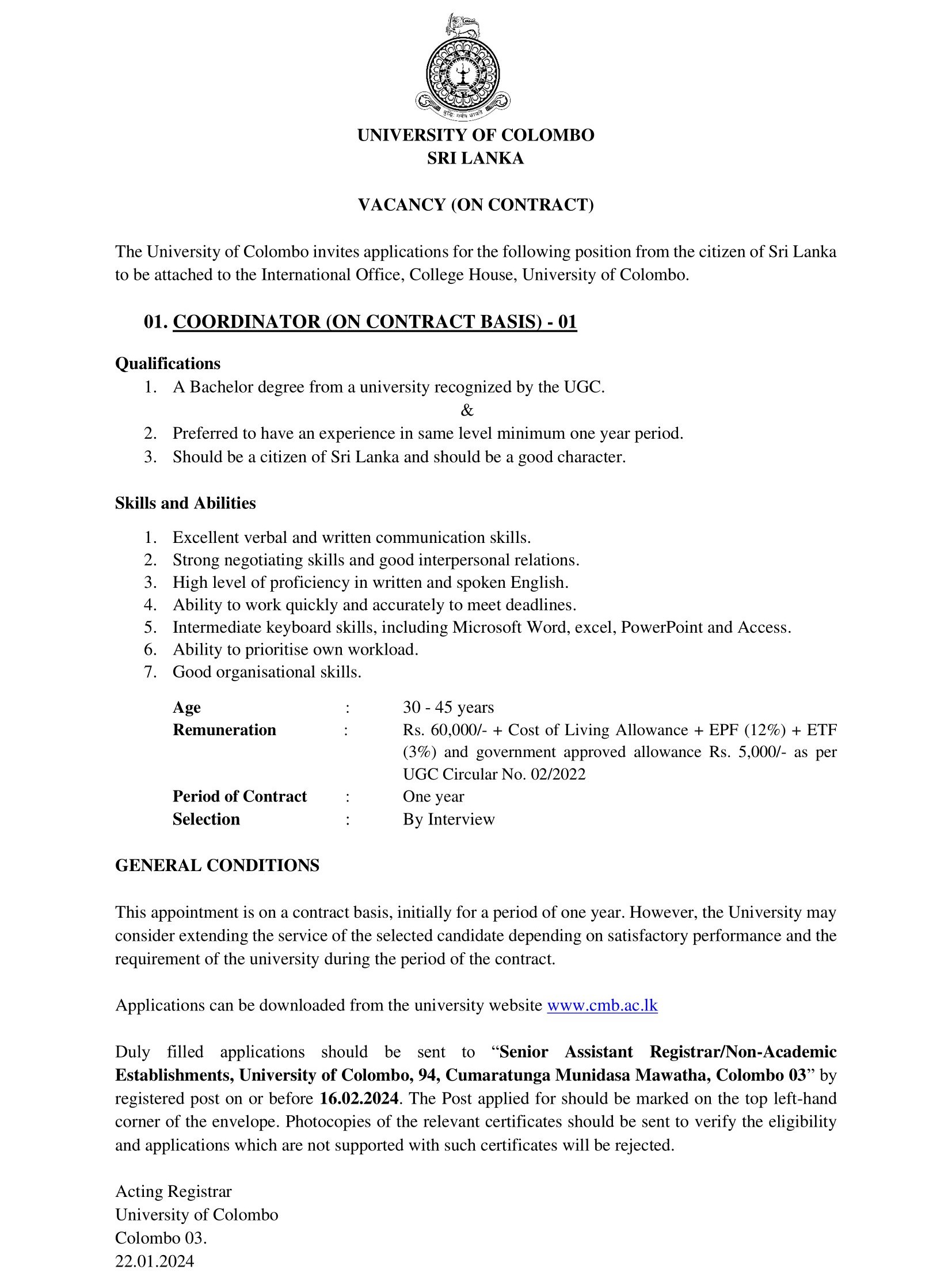 Coordinator - University of Colombo