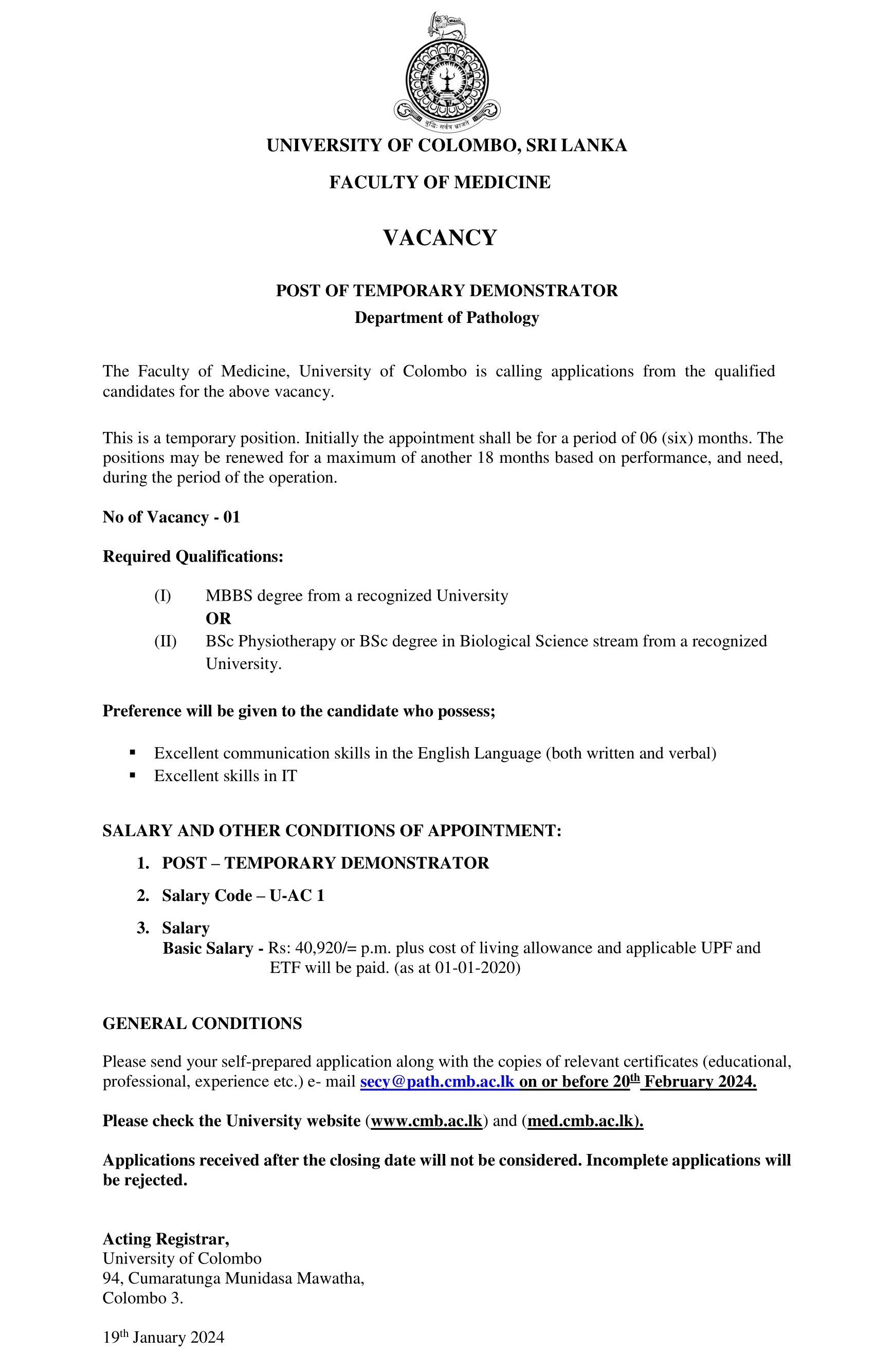 Temporary Demonstrator - Department of Pathology - University of Colombo