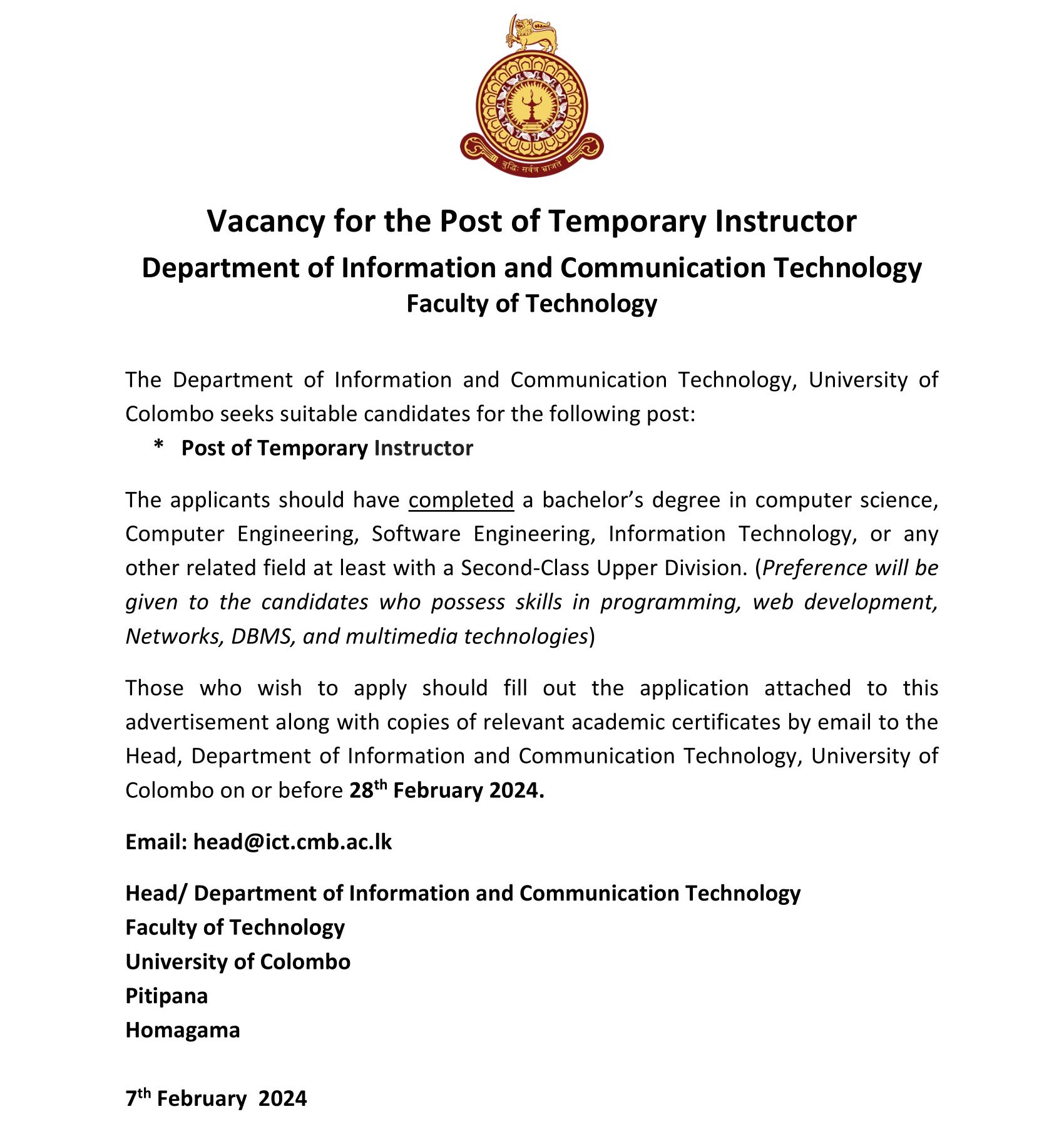 Temporary Instructor - Faculty of Technology - University of Colombo