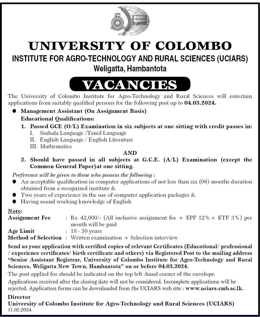 Management Assistant - University of Colombo