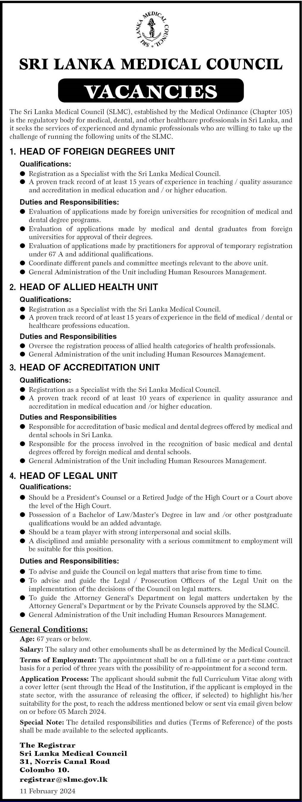 Head of Foreign Degrees Unit, Head of Allied Health Unit, Head of Accreditation Unit, Head of Legal Unit - Sri Lanka Medical Council