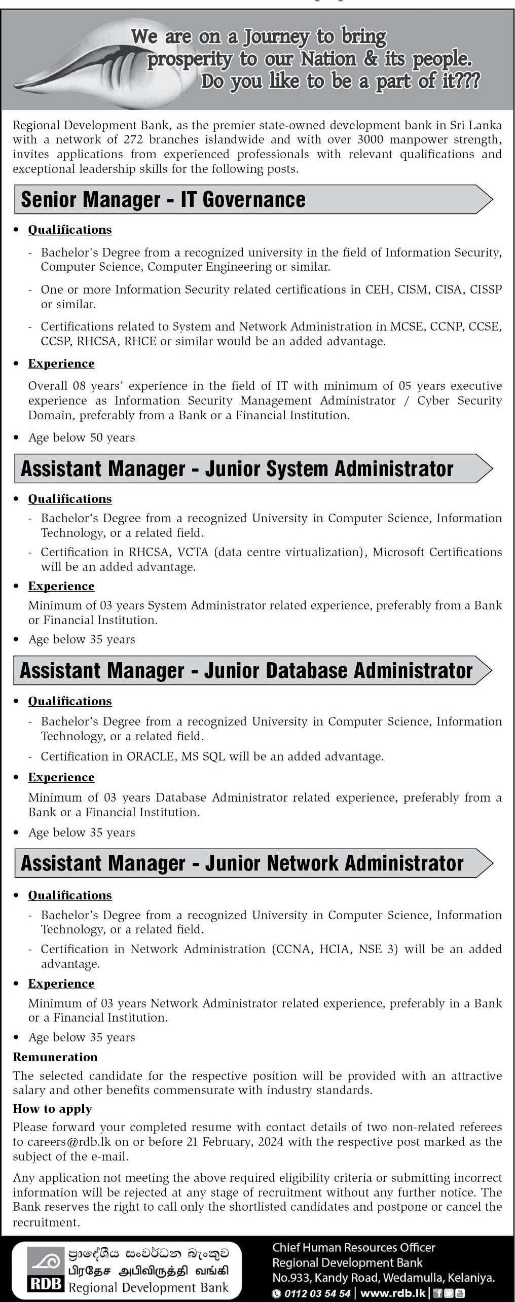 Senior Manager (IT Governance), Assistant Manager (Junior System Administrator) - Regional Development Bank