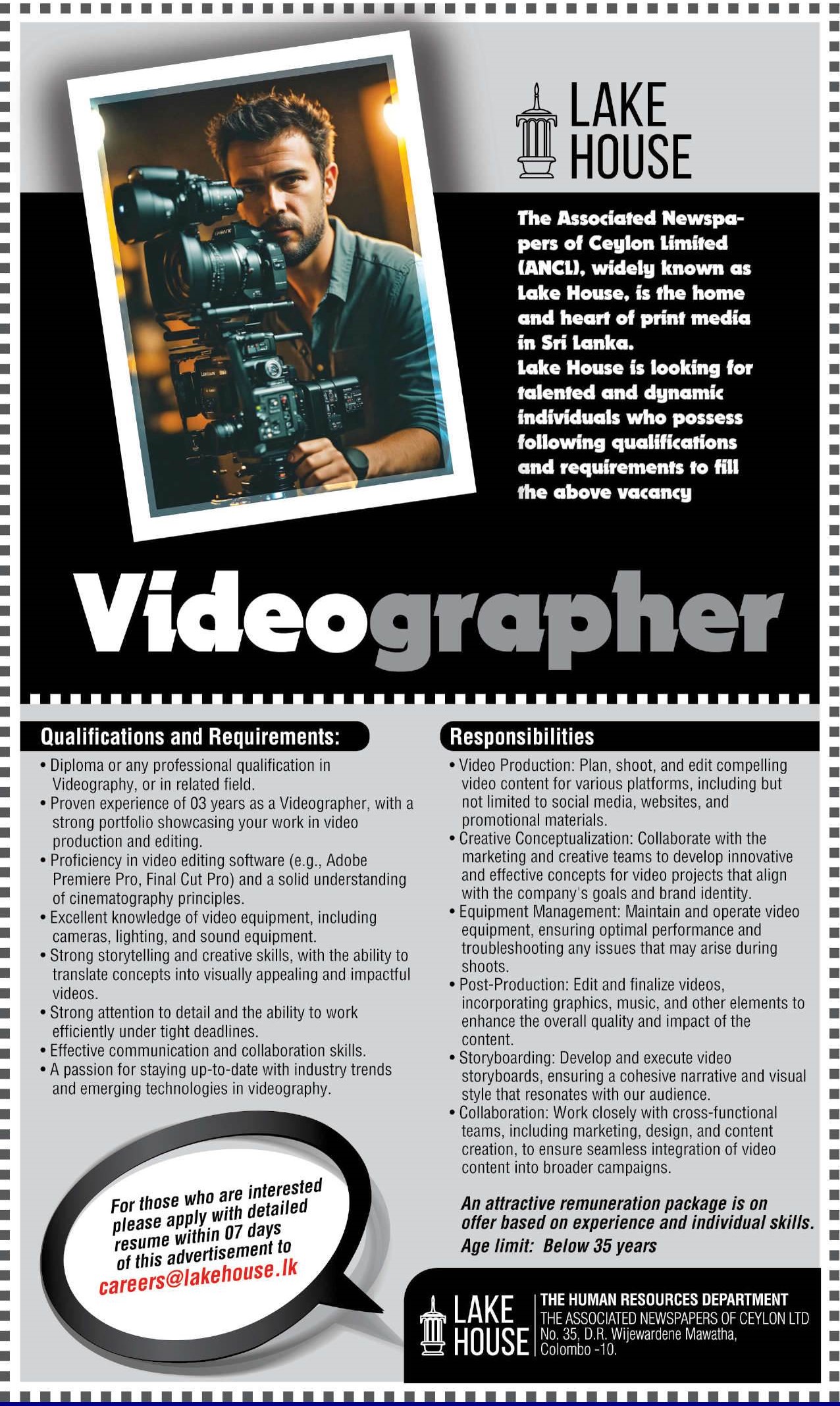 Videographer - The Associated Newspapers of Ceylon Limited 