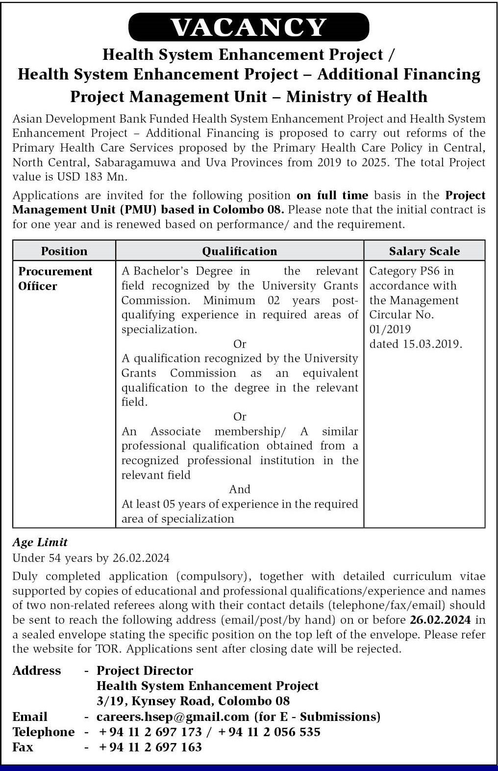 Procurement Officer - Health System Enhancement Project - Ministry of Health