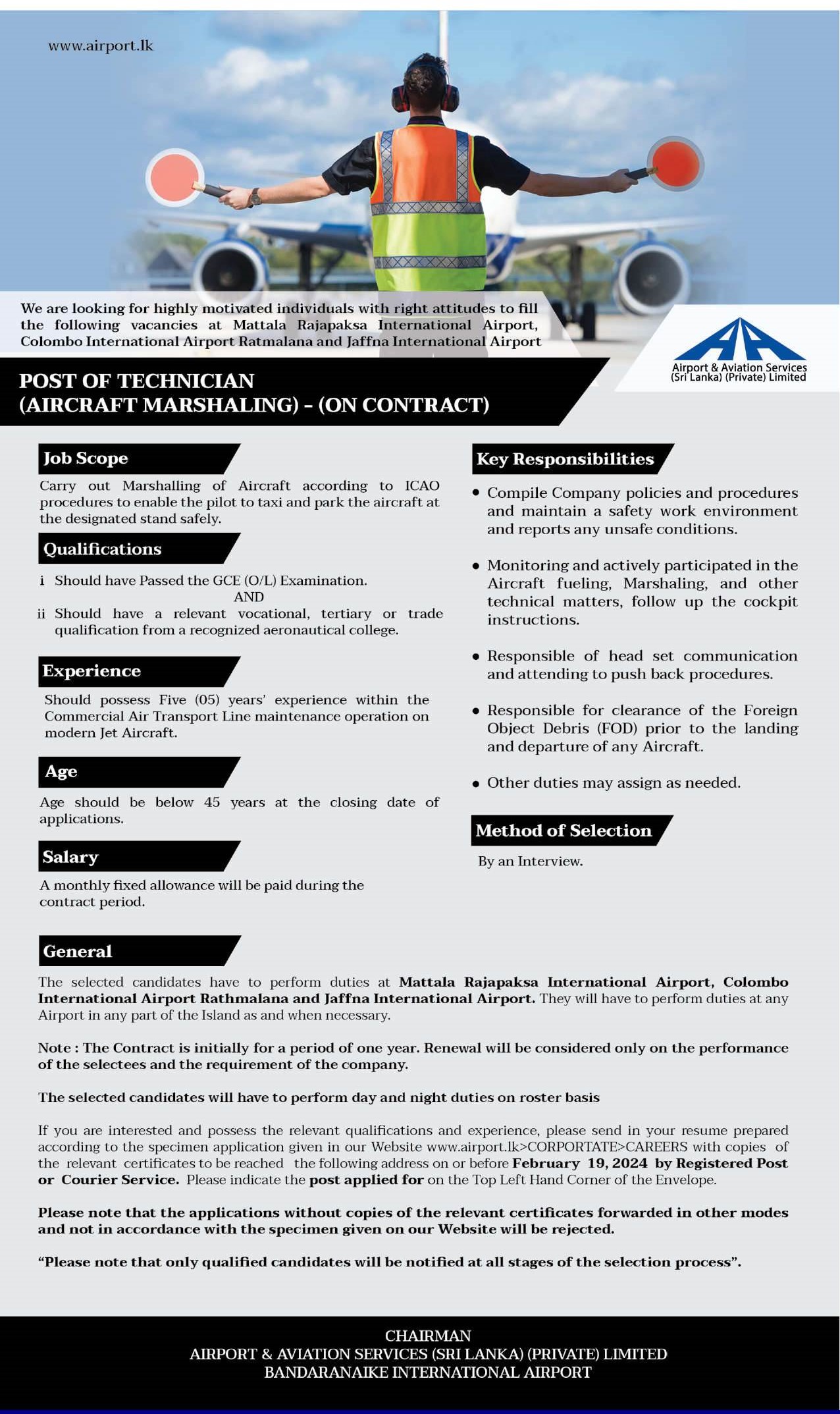 Technician (Aircraft Marshaling) - Airport & Aviation Services (Sri Lanka) (Private) Limited