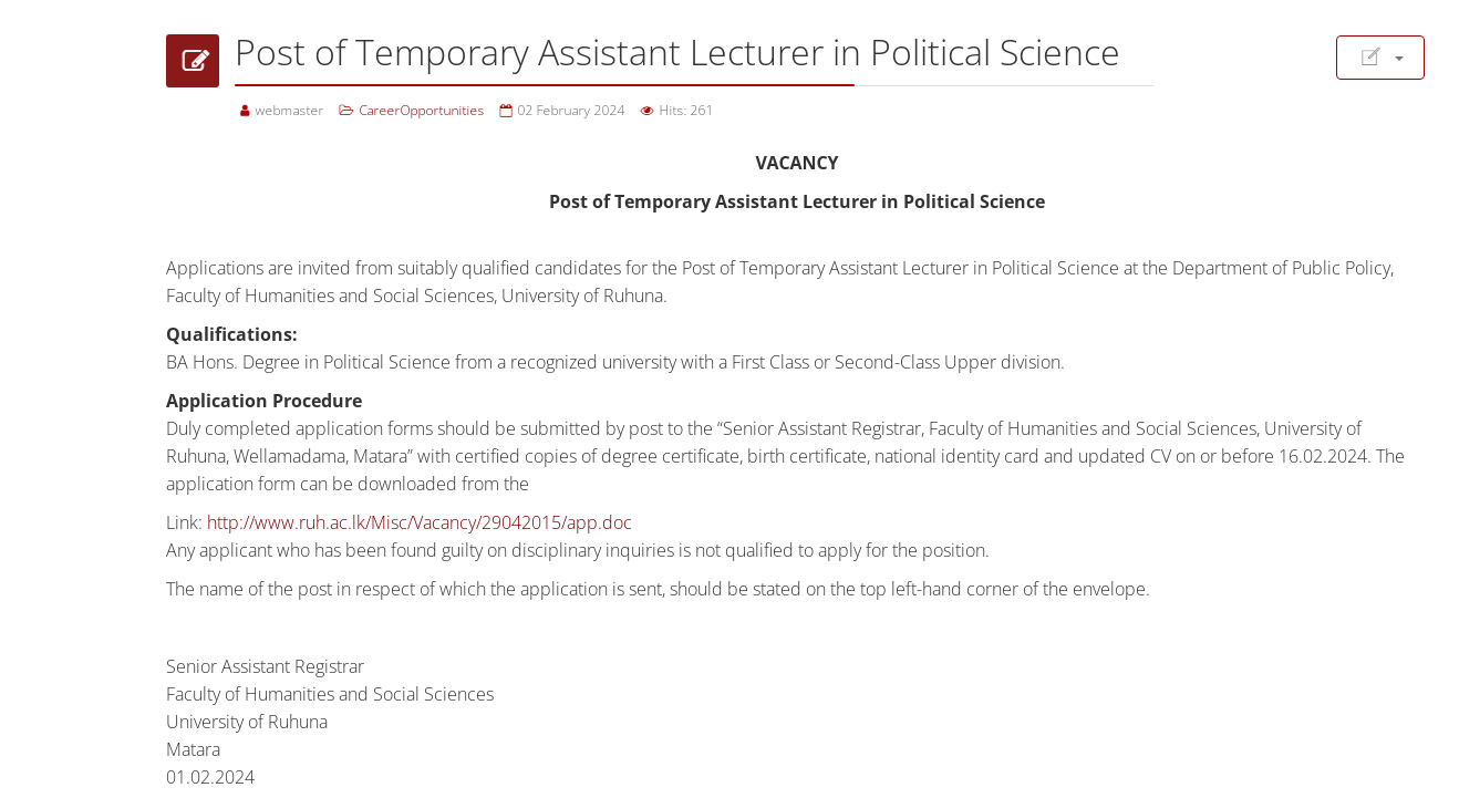 Temporary Assistant Lecturer - Faculty of Humanities & Social Sciences - University of Ruhuna