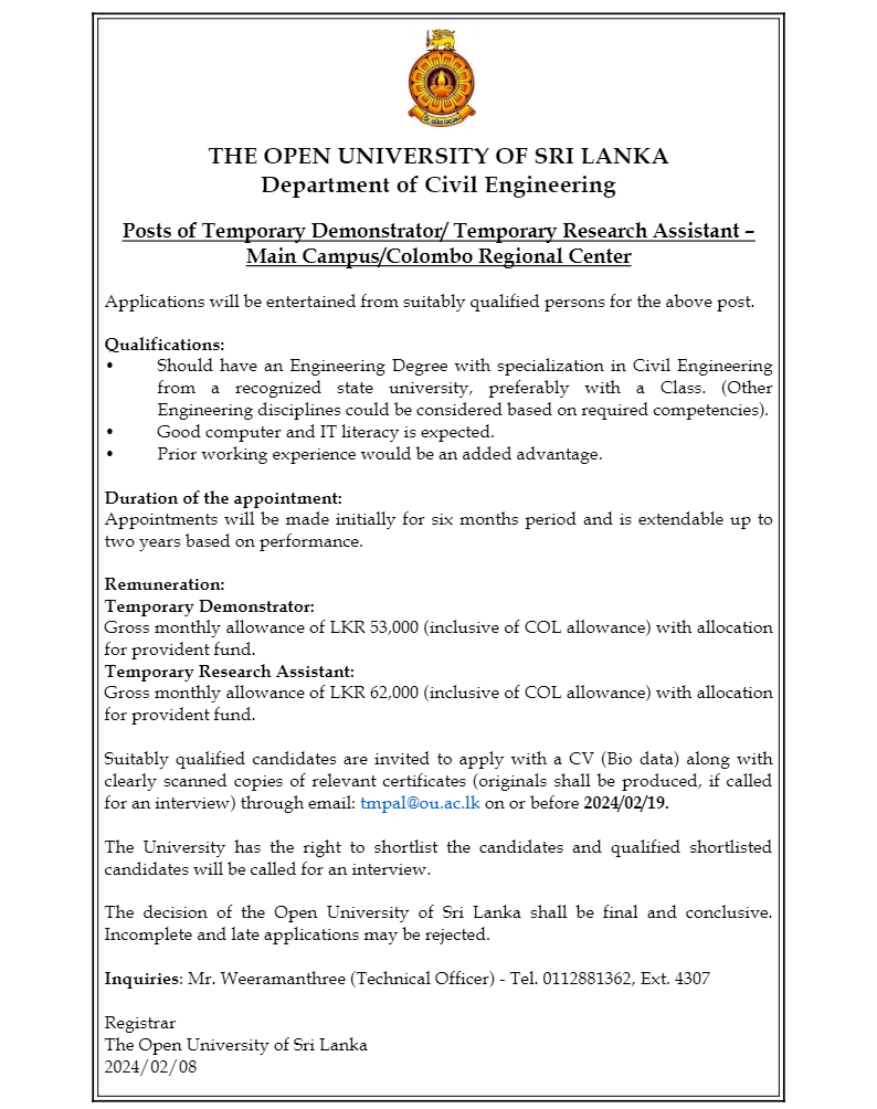 Temporary Demonstrator, Temporary Research Assistant, Project Assistant, Operation Assistant - The Open University of Sri Lanka