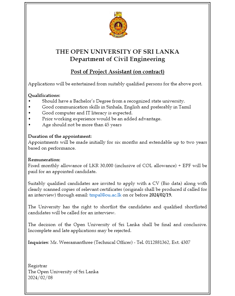 Temporary Demonstrator, Temporary Research Assistant, Project Assistant, Operation Assistant - The Open University of Sri Lanka