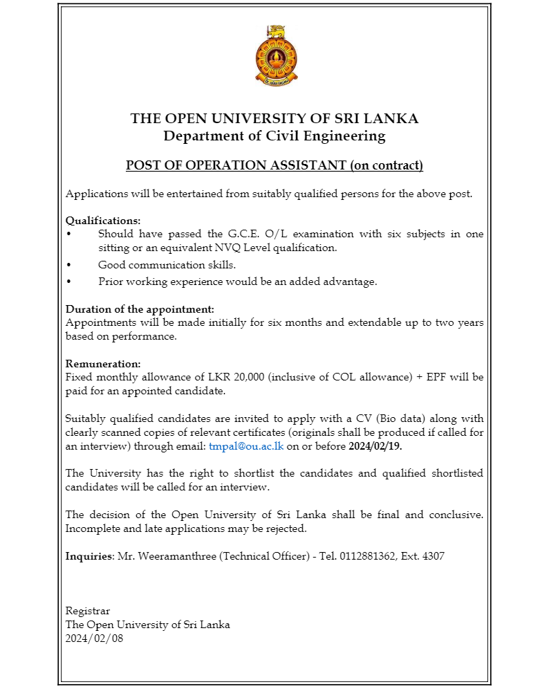 Temporary Demonstrator, Temporary Research Assistant, Project Assistant, Operation Assistant - The Open University of Sri Lanka