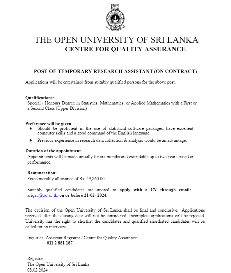 Temporary Research Assistant - The Open University of Sri Lanka