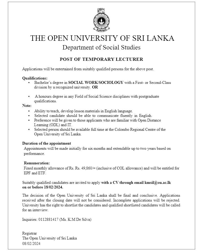 Temporary Lecturer, Lecturer - The Open University of Sri Lanka