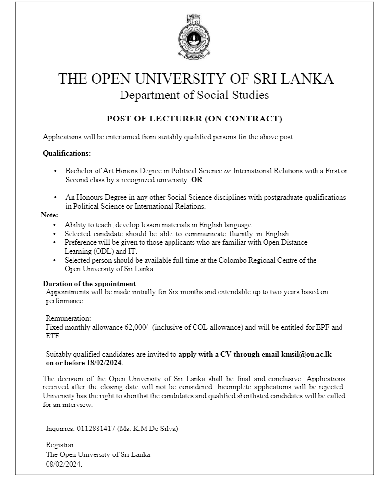 Temporary Lecturer, Lecturer - The Open University of Sri Lanka