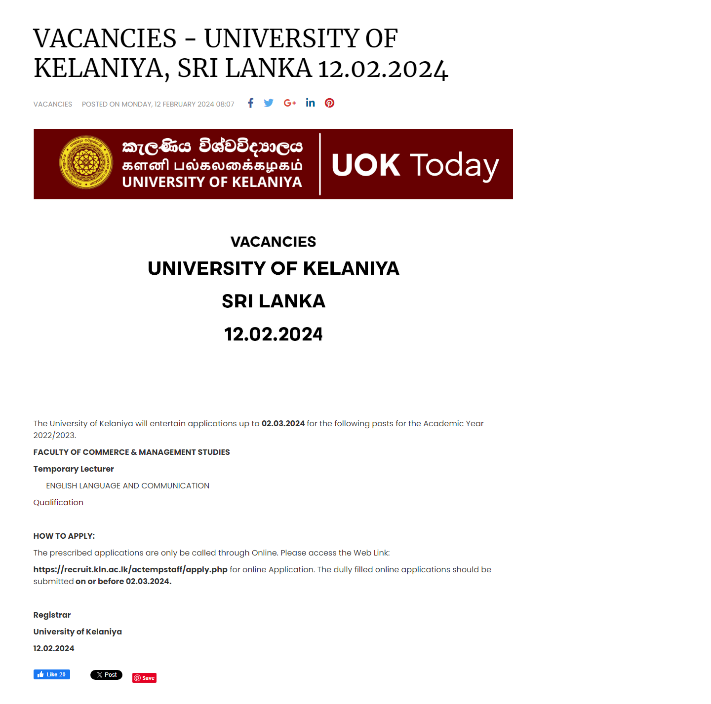 Temporary Lecturer - University of Kelaniya