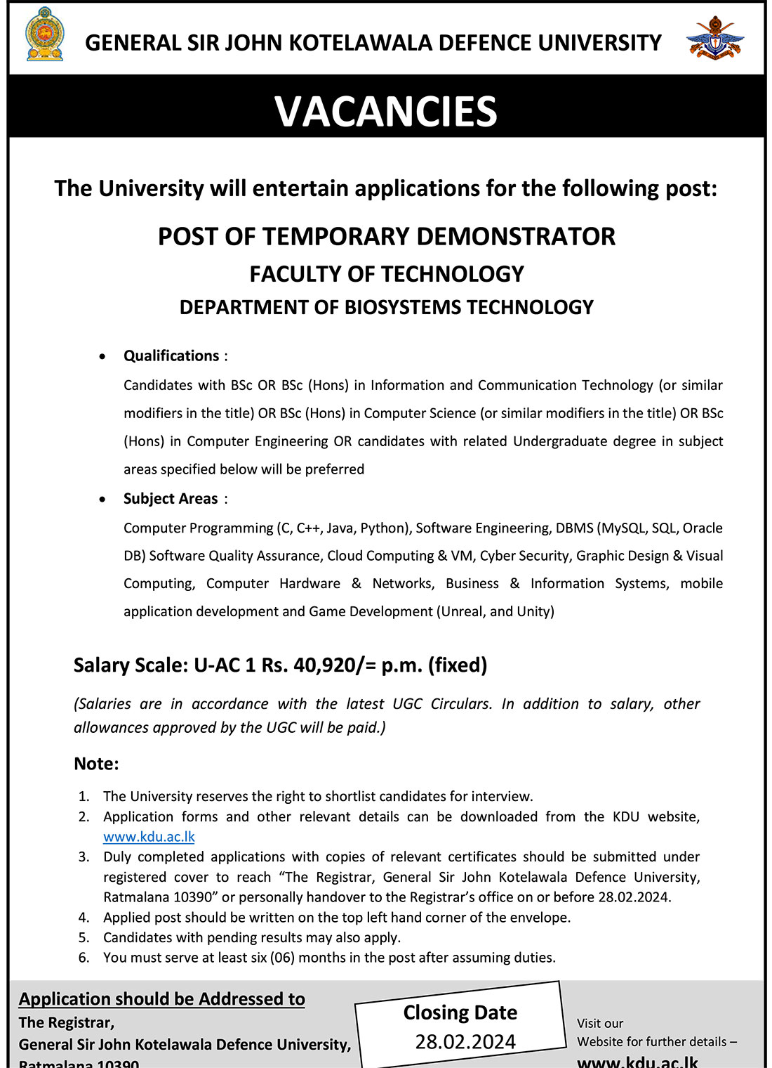 Temporary Demonstrator - General Sir John Kotelawala Defence University