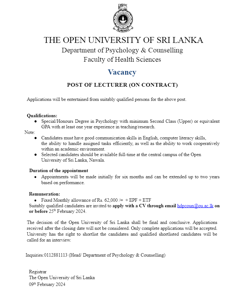 Lecturer - The Open University of Sri Lanka