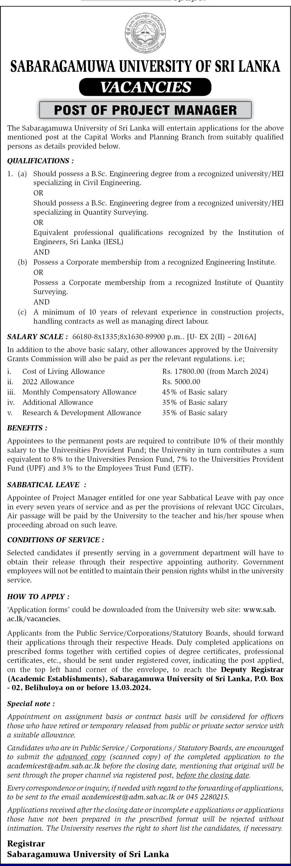 Project Manager - Sabaragamuwa University of Sri Lanka