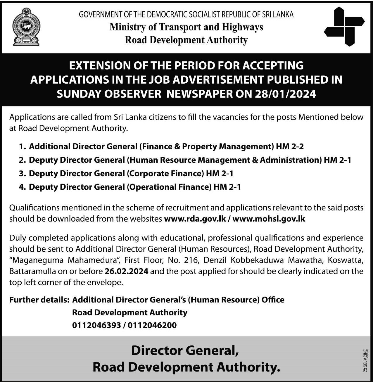 Additional Director General, Deputy Director General - Road Development Authority  