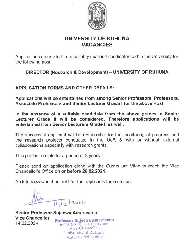 Director (Research & Development) - University of Ruhuna