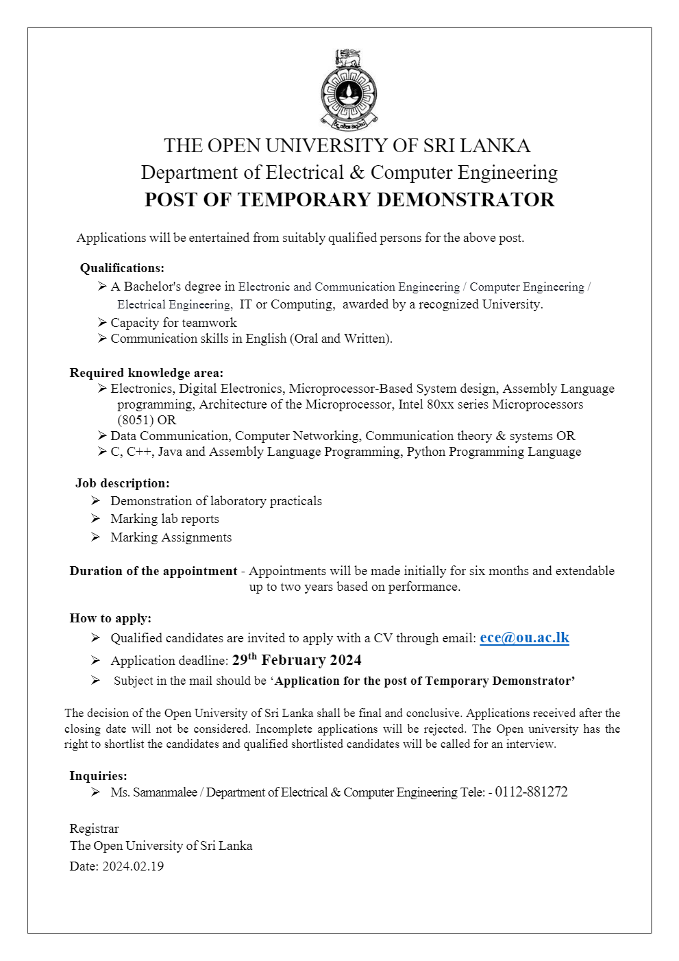 Temporary Demonstrator, Project Assistant, Operation Assistant - The Open University of Sri Lanka