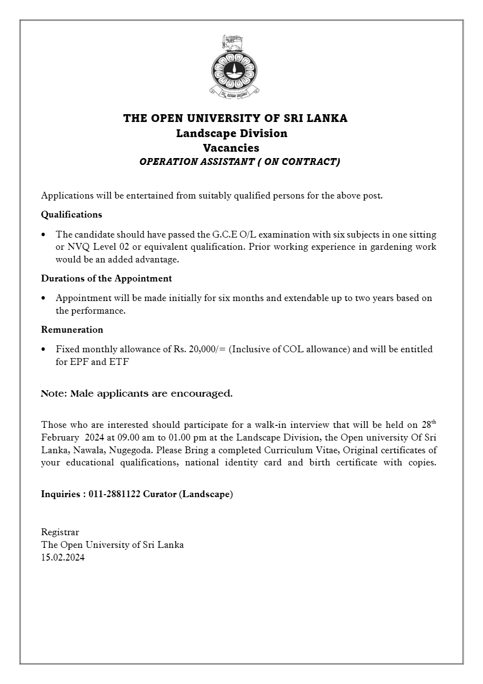 Operation Assistant - The Open University of Sri Lanka