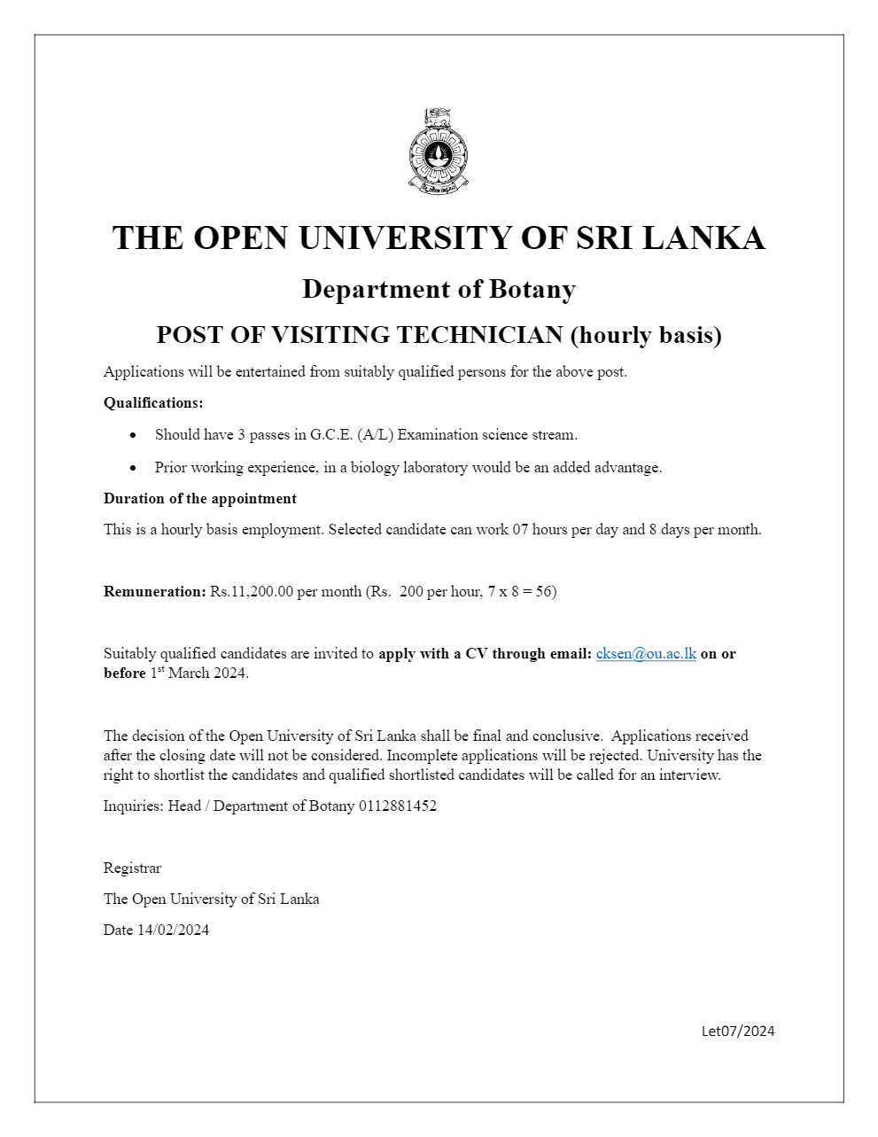 Visiting Technician, Operation Assistant - The Open University of Sri Lanka