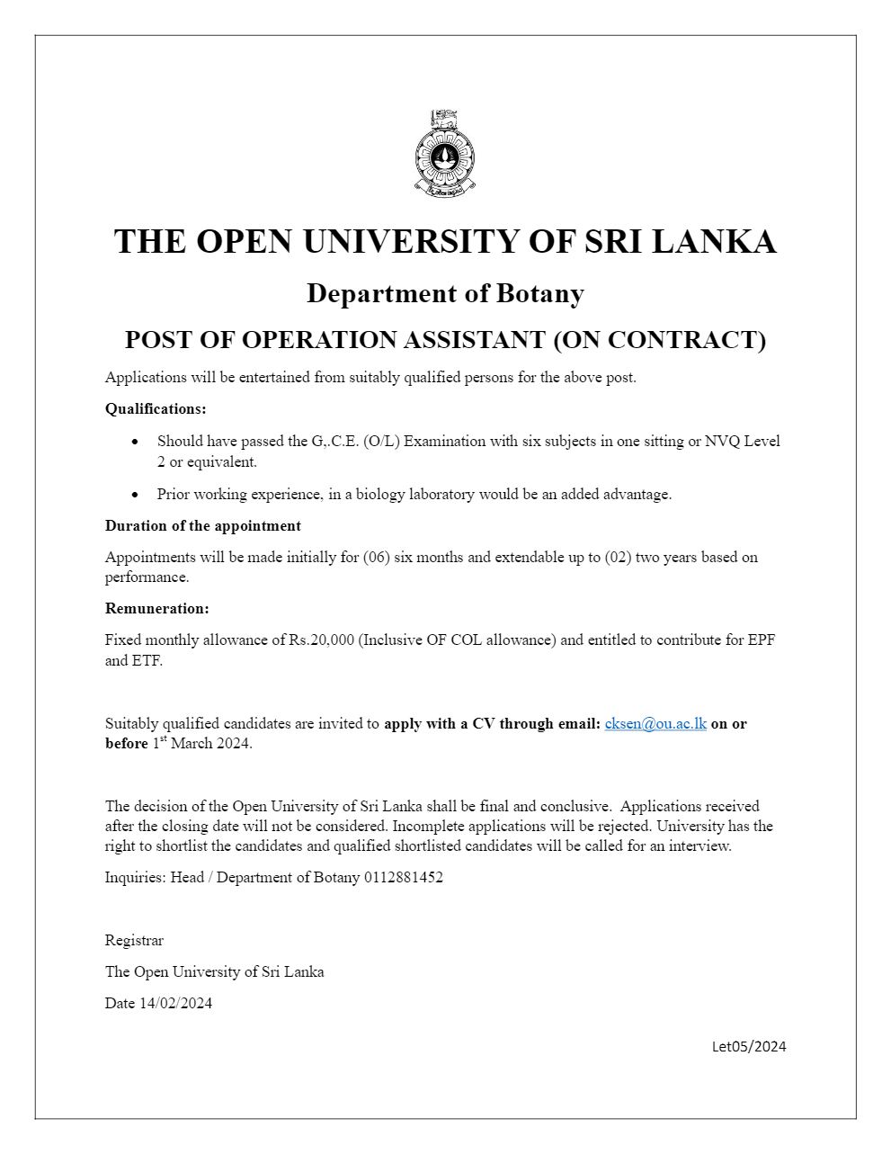 Visiting Technician, Operation Assistant - The Open University of Sri Lanka