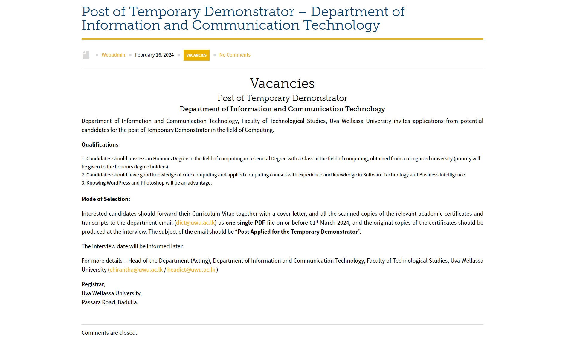 Temporary Demonstrator - Uva Wellassa University