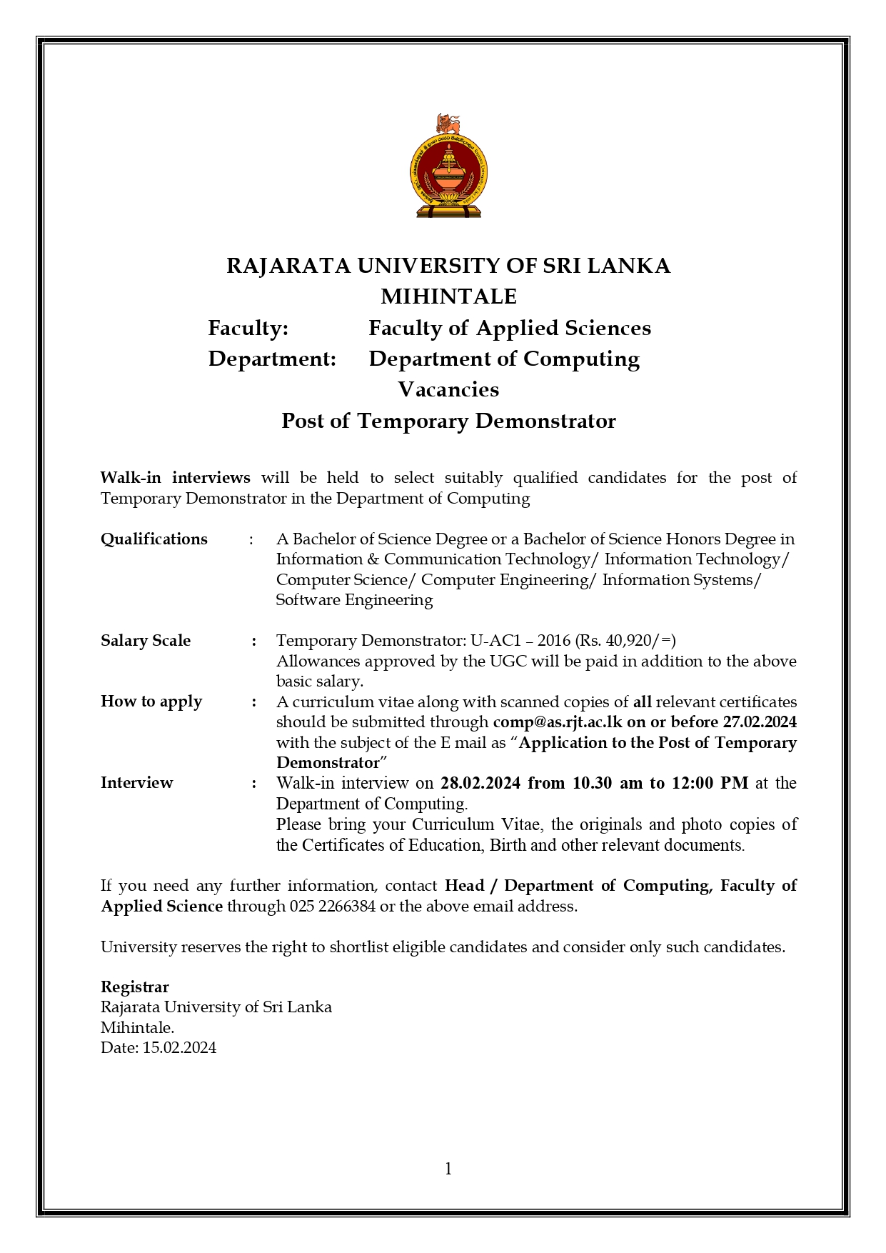 Temporary Demonstrator - Rajarata University of Sri Lanka