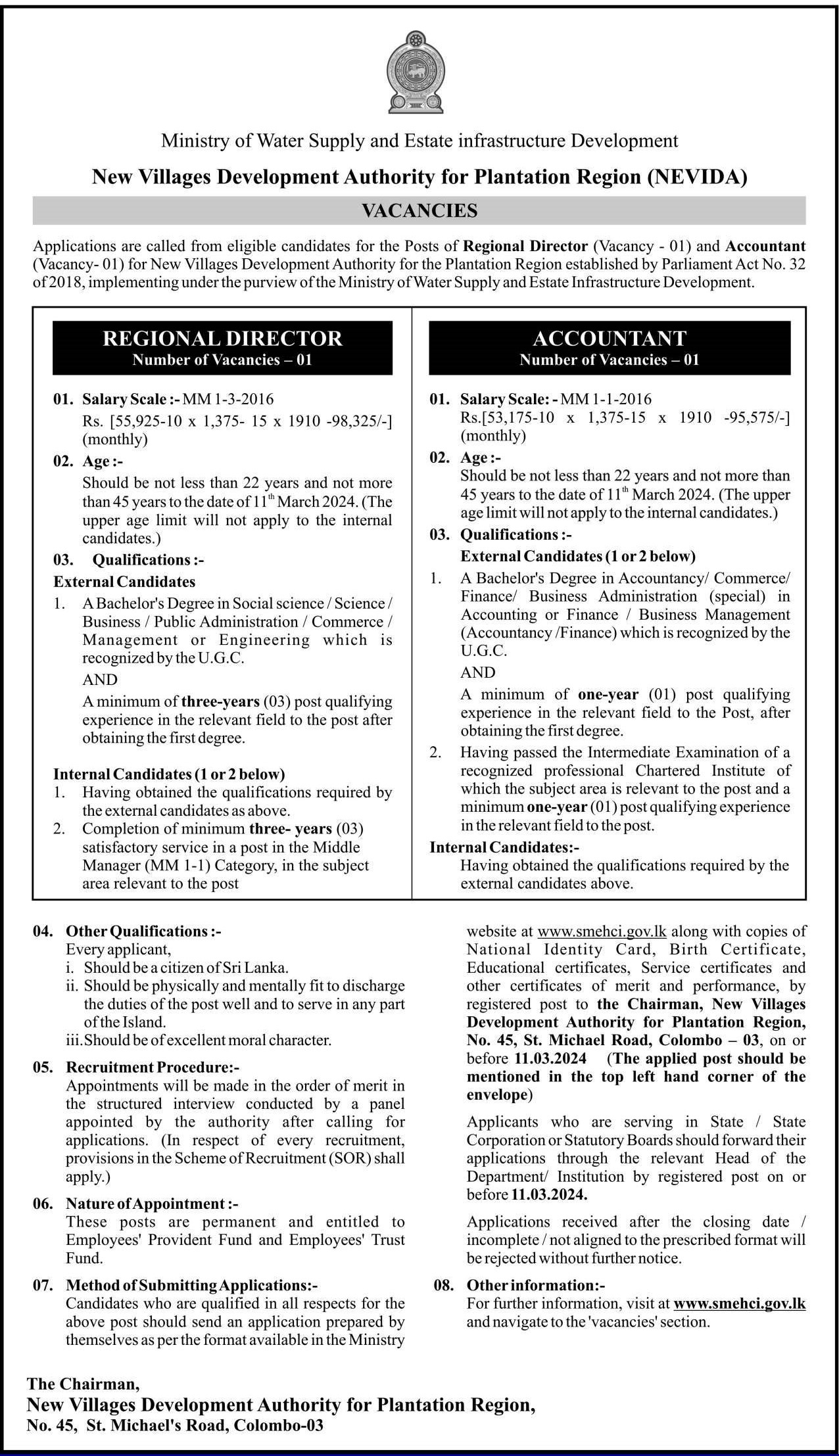 Regional Director, Accountant - New Villages Development Authority for Plantation Region