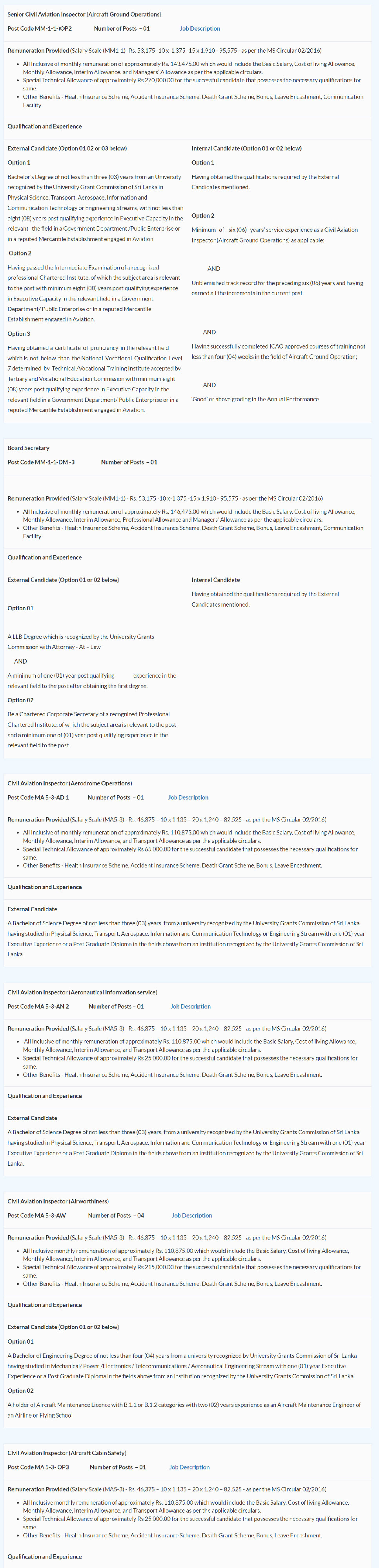 Deputy Director General, Director, Senior Civil Aviation Inspector, Board Secretary, Civil Aviation Inspector, Assistant Manager, Coordination Officer, Technical Assistant - Civil Aviation Authority of Sri Lanka