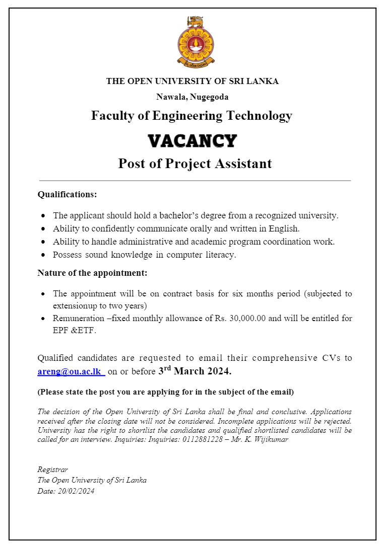 Project Assistant - The Open University of Sri Lanka