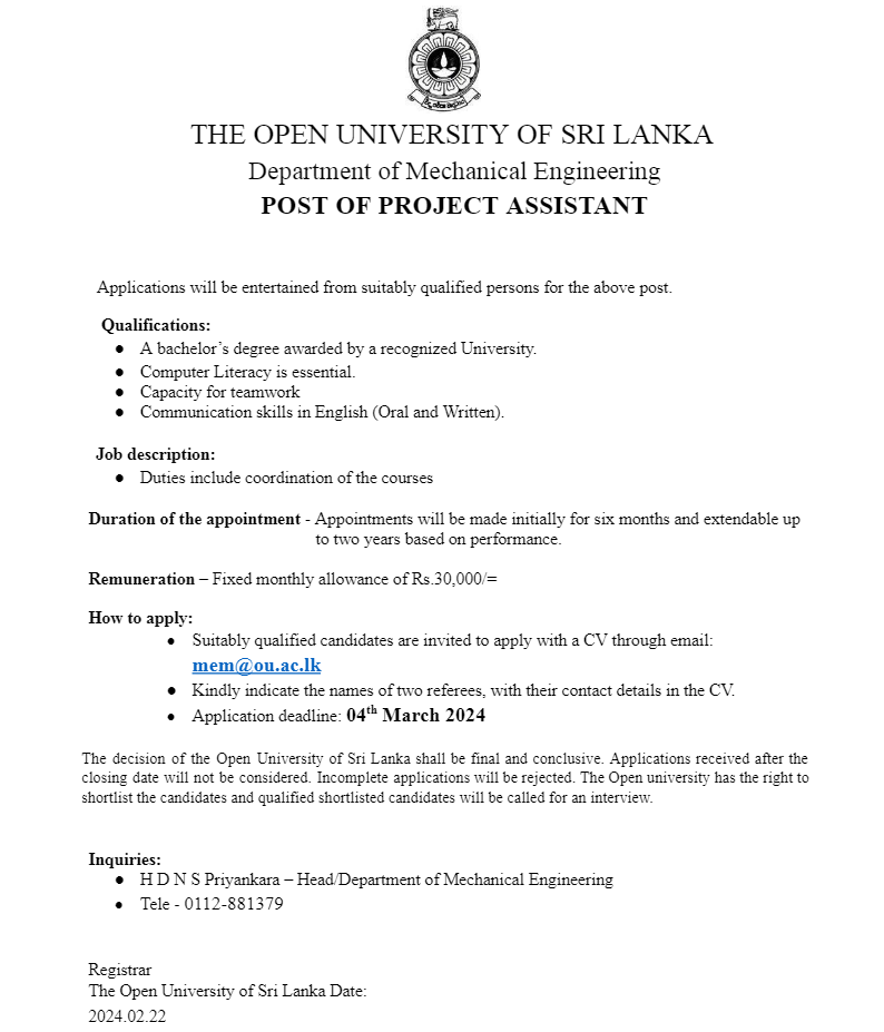 Project Assistant - The Open University of Sri Lanka