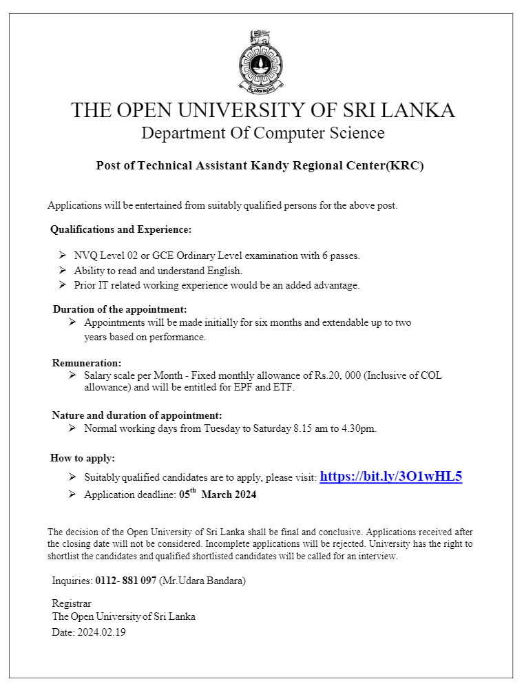 Technical Assistant, Operation Assistant - The Open University of Sri Lanka