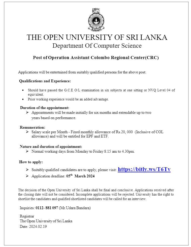 Technical Assistant, Operation Assistant - The Open University of Sri Lanka