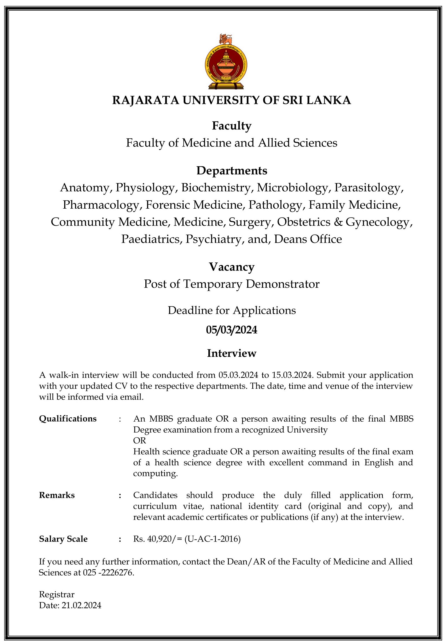 Temporary Demonstrator - Rajarata University of Sri Lanka
