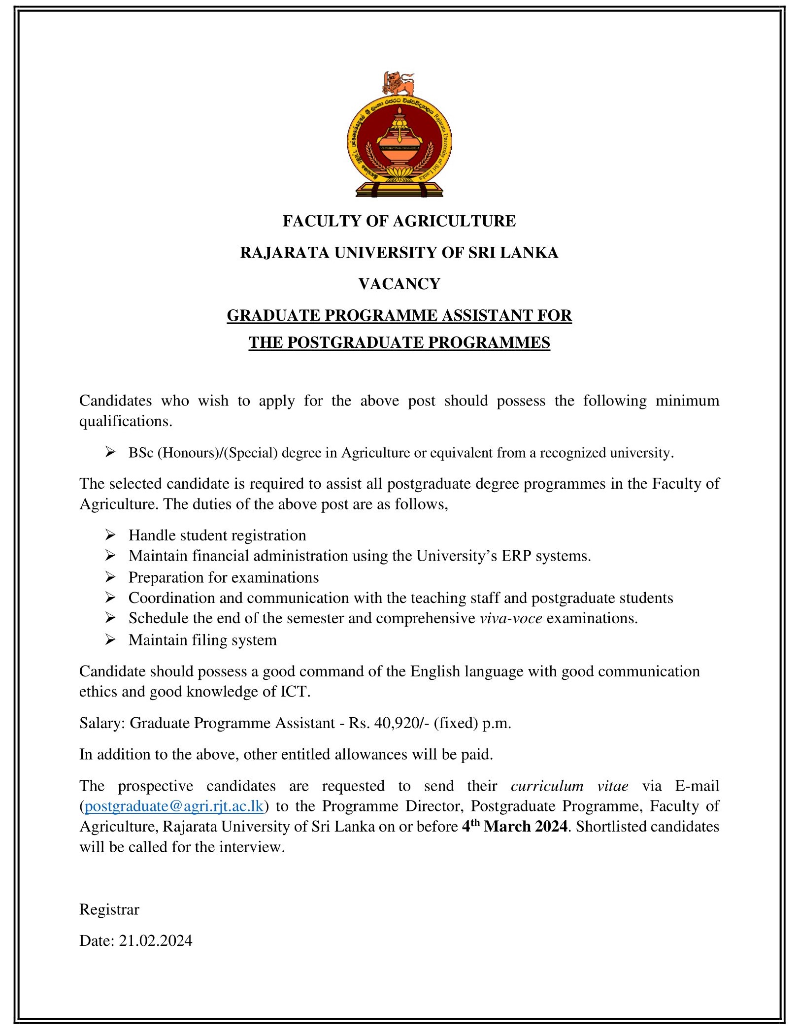 Programme Assistant - Rajarata University of Sri Lanka